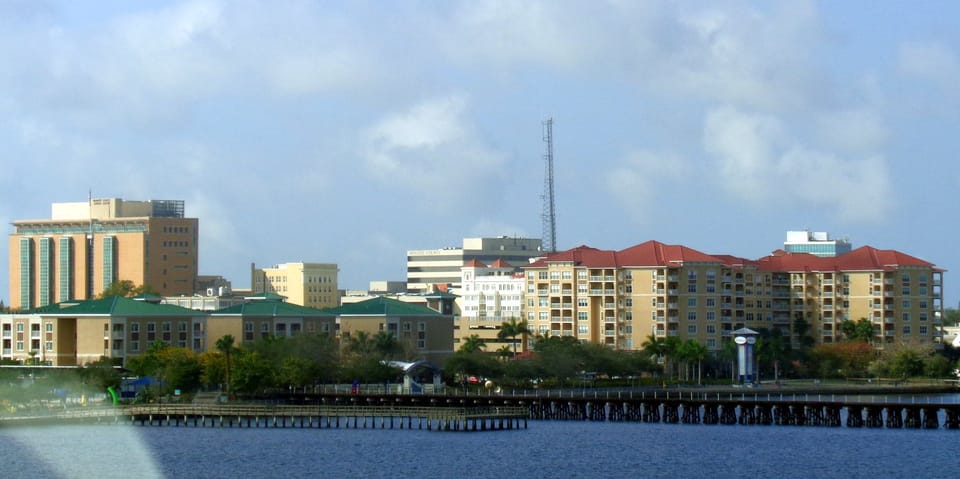 The Bradenton waterfront, with downtown buildings across the water.